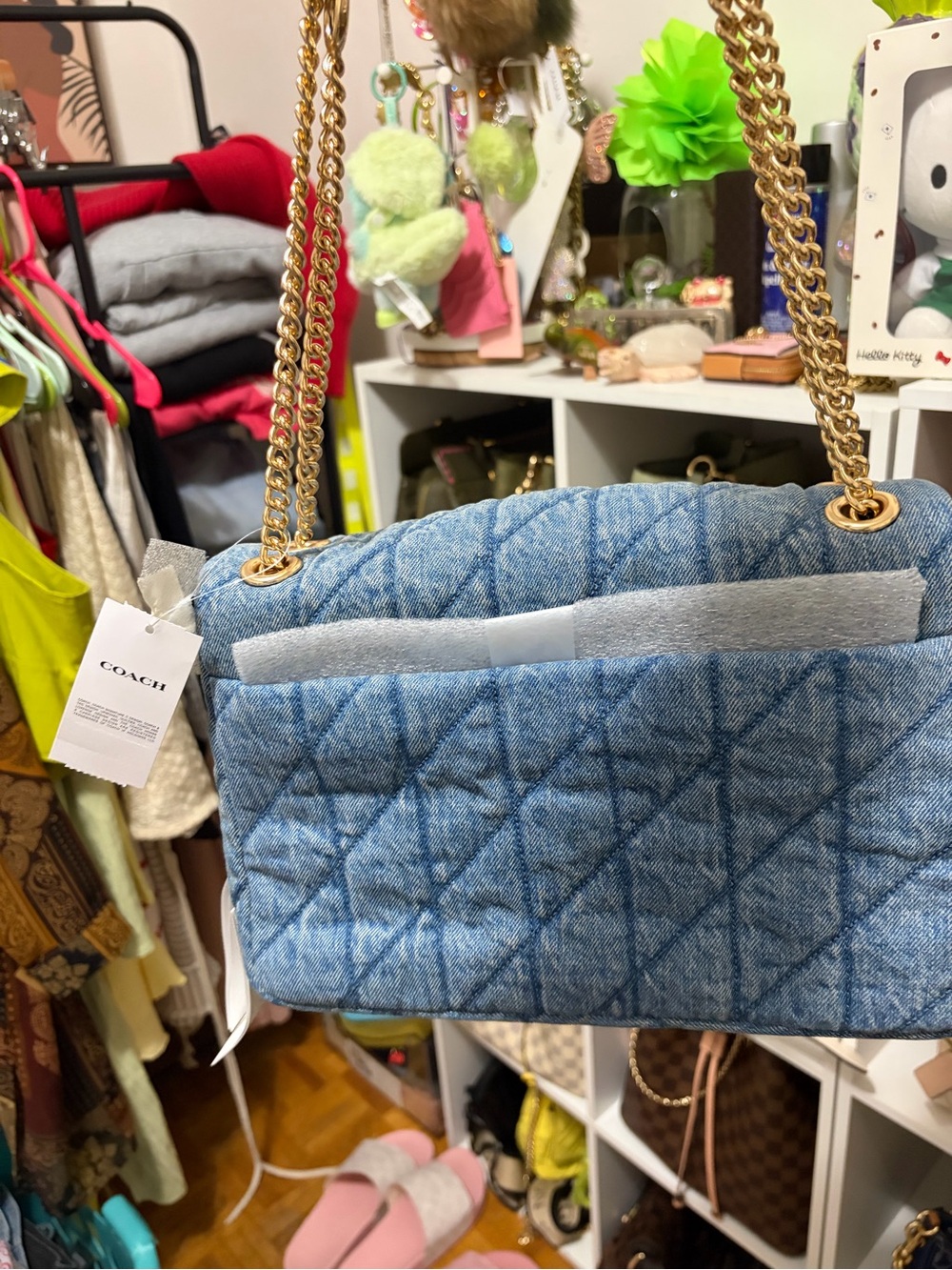 Coach Elodie Quilted Denim Shoulder Bag with Gold Chain Straps - Light Blue - Picture 2 of 3